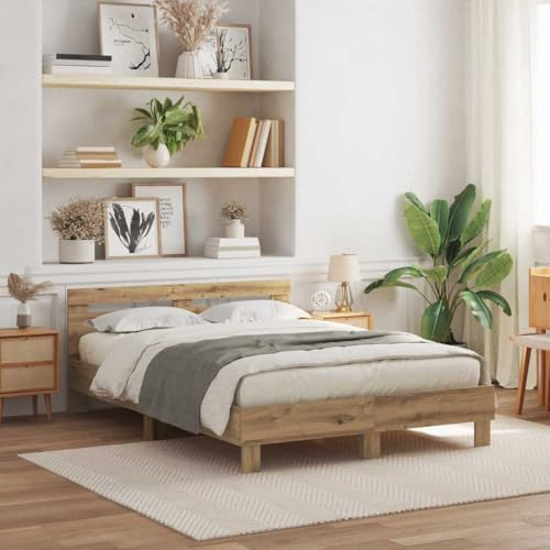 vidaXL Marco de Cama de Roble Macizo Artesanal con Iluminación LED Se Ajusta a Colchón de 150 x 200 cm Decorar el Dormitorio Diseño Artesanal Duradero Ideal para Adultos Unisex Ligero y