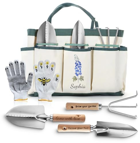 UIDMEN Gartenwerkzeug-Set personalisiert, Gartenbedarf-Kit, Gartengeschenke für Frauen, Gartentaschen-Organizer mit Geburtsblume und Name, manuelle Gartengeräte