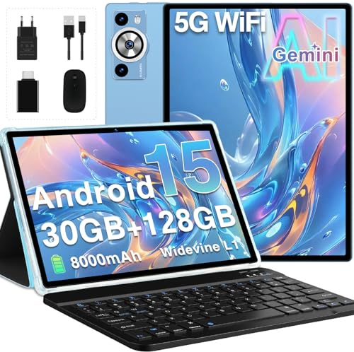 DEERTiME Tablette Android 15 Tablette 10 Pouces,30Go RAM+128Go ROM(TF 2To),Tablette Tactile WideVine L1 FHD,Octa-Core 2.0GHz, 5G WiFi,8000mAh,8+5MP/BT5.0/GPS/Tablette avec Clavier Souris-Bleu