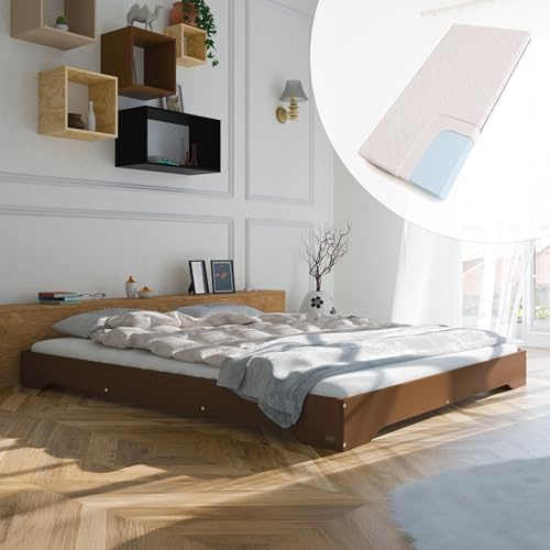 smartwood Säng 160x190 cm med Madrass & Ribbotten, Furuträ, Marron, TILA 7 | Sängram, dubbelsäng i FSC-furuplywood, upp till 300 kg, enkel montering, rundade kanter, skandinavisk stil