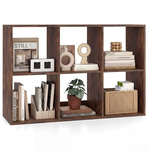 Tangkula 6-Cube Bookcase, 3-Tier Bookshelf with Open Compartments, Freestanding Cube Storage Organizer with Anti-Toppling Kits, Modern Display Shelf for Home Office (Rustic Brown, 6-Cube)