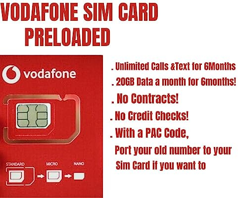 Vodafone Sim Card Preloaded with 20GB Data Unlimited Calls and Texts for 6 Months. No Contracts, No Commitments, No Credit Checks, No Tie-ins, No Personal ID