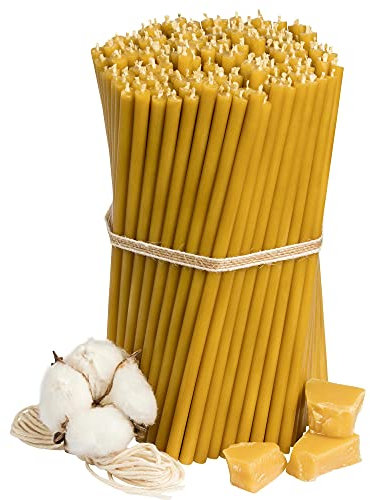 Velas de cera de abeja (250 unidades, 16,5 cm de largo, 5,7 mm de diámetro, duración de combustión: 50 min), natural, sin goteo, sin humo, calidad de iglesia, cera fina de abeja №100