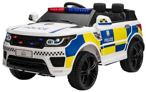 HOMCOM Voiture de Police électrique pour Enfants, Batterie 12V, télécommande, sirène, Connexion USB pour Musique, 110x68x52cm, Blanc