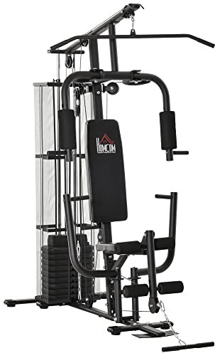 HOMCOM Máquina Multiestación Musculación Máquina de Musculación con Prensa de Piernas y Pecho Placas de Pecho Placas de Peso de 45 kg y Polea para Entrenamiento Fitness en Hogar Gimnasio Negro