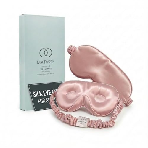 MATASSE 100% Mulberry Silk Sleep Mask 22 Momme Grade 6A - 3D Contoured Eye Mask for Sleeping, 14mm Deep Eye Cups, Total Blackout Blindfold for Women Men, Adjustable Strap, Side Sleeper (Pink)