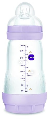 MAM Easy Start Baby Bottle for Babies from 2-4 Months, 260 ml with Flow 2 Teat for 2+ Months, Made of SkinSoft Silicone, Organic Circular, Purple