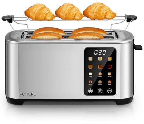 4 Slice Toaster Touch Screen Control, Long Extra Wide Slots Smart Bread Toaster, 6 Bread Types & 6 Shade Settings, Stainless Steel Toaster, with Removable Tray, Cancel/Defrost/Reheat Function, Sliver