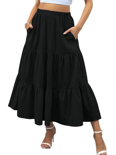 Zeagoo Femme Élégante Jupe Taille Haute D'été Maxi A-Ligne Casual Longue Élastique avec Poches S-XXL