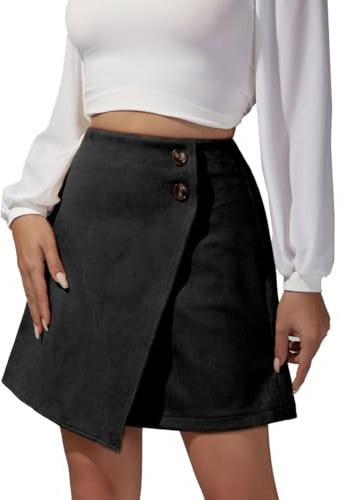 EMOTTOS Faux Suede Jupe Short Femme, Hanche Enveloppante Irrégulière Taille Hautet Mini Moulante Jupe Courte Crayon, A-Line Casual Zipper Button Embellishment Simili Cuir Mini Jupe Sexy, S, Noir