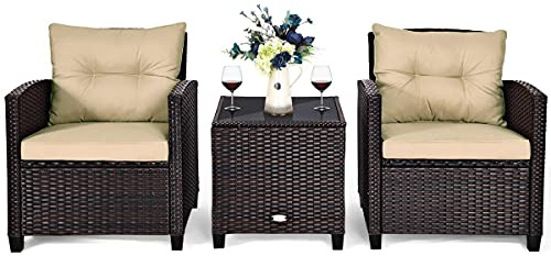 FANTASK 3-TLG. Rattan Gartenmöbel Set, Polyrattan Sitzgruppe, 2 Sessel & 1 Beistelltisch, Balkonmöbel Bistroset Gartengarnitur, Braun