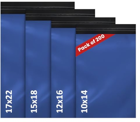 LIVERPOOL ENTERPRISES LTD 200 Mixed Blue Parcel Bags – Tamper-Proof Self-Seal Mailing & Postage Bag for Shipping, Packaging & Delivery – 4 Assorted Sizes 50 of Each (XS to Large)