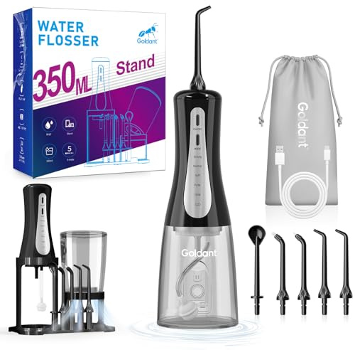 GOLDANT 2026 New 350ML Water Flosser with Drainage & Storage Stand, Keeps Dry & Clean, Travel Bag, 5 Modes, 360°Nozzle, Cordless Rechargeable, IPX7 Waterproof, Portable for Home & Travel (Black)