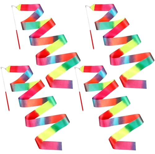 HJZHII 4PCS Rhythmic Dance Ribbons, 78.7 Inch Rainbow Gymnastics Ribbon Rainbow Streamers Twirling Sticks Gymnastics Ribbons Dancer Wand for Kids Adults Artistic Talent Shows Dancing Training