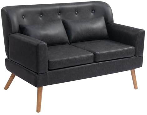 HollyHOME Klein Sofa Zweisitzer Sofa mit Holzbeinen 117cm 2 Sitzer PU-Leder Gepolstertes Kleines Couch für Wohnzimmer Schlafzimmer Büro Wohnheim, Schwarz