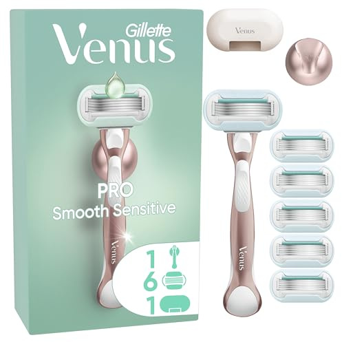 Gillette Venus Pro Smooth Sensitive Damenrasierer für empfindliche Haut — Inkl. 6 Ersatzklingen für Nassrasierer mit einem Hauch von Aloe Vera, Duschhalterung und Reiseschutzkappe