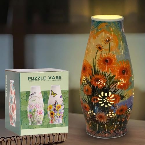 MYLARREN 3D Puzzle Vase for Adults & Kids, 152 Pcs 3D Puzzle Planter Vases for Flowers, Arts and Crafts for Kids 4-6, Adults, Girls, Cute Unique Flower Vases with Night Light(Sunflower)