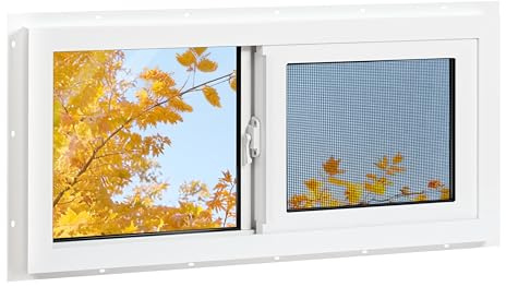 NOTASA Vinyl Basement Window, 32 x 14 Bathroom Sliding Window with Double Pane Insulated Tempered Glass and Fiberglass Screen for Basement, Bathroom, Shed (White)