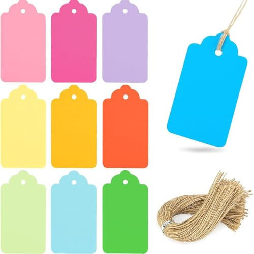 Shensuii Colorful Gift Tags with String for Presents, 100Pcs | 10 Assorted Colors with Attached Twine String, Durable Paper Material with Smooth Surface, Perfect for Gift Wrapping