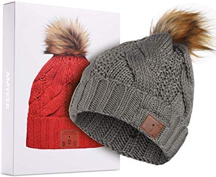 ASIILOVI Bonnet Bluetooth, Bonnet Bluetooth à doublure en laine double couche avec pompon pour femmes/adolescentes/famille, 20 heures de lecture, emballage cadeau pour petits cadeaux de Noël de