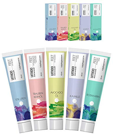 UMIDO 5 Stück Set Fuß-Creme Set 45 ml | 1x mit 10% UREA | 1x Traubenkernöl | 1x Avocadoöl | 1x Kamille | 1x Rosmarin | Fußlotion | Fußpflegecreme | Creme