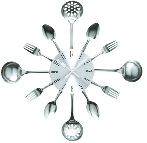 Timelike 16Inch Küchenutensilien Uhr für Küche Déco Indoor und Outdoor, Küche Besteck Wanduhr mit getönten Gabeln, Löffel, Spatel,Heimdekoration Silber