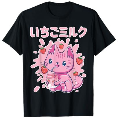 Chibi Kawaii Cat Chat Chatte Boisson Lait Fraise Japonaise T-Shirt