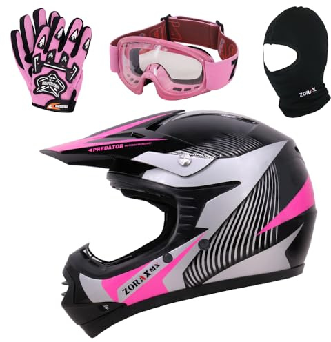 Zorax ZOR-X19 Rosa M (51–52 cm) Predator Kinder Motorrad Motocross MX Helm & Handschuhe M (6 cm) & Schutzbrille & Sturmhaube ECE 2206