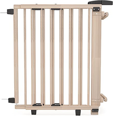 Geuther Treppenschutzgitter Oris | Türschutzgitter zum Anschrauben inkl. 2X Klemmen für Treppengeländer, Breite 67-95 cm | Stabiles Türgitter mit Schwenktür | Kindergitter Holz, Naturbelassen