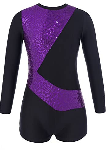 Alvivi Kinder Jungen Mädchen Ballettanzug Langarm Ballettbody Overall mit Pailletten Einteiler Gymnastikanzug Turnanzug Leotard Tops Aa Lila 158-164