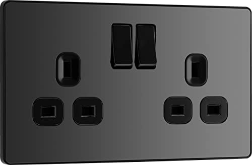 BG Electrical Double Switched Power Plug Wall Socket, Screwless, Evolve, Black Chrome, 13A, PCDBC22B