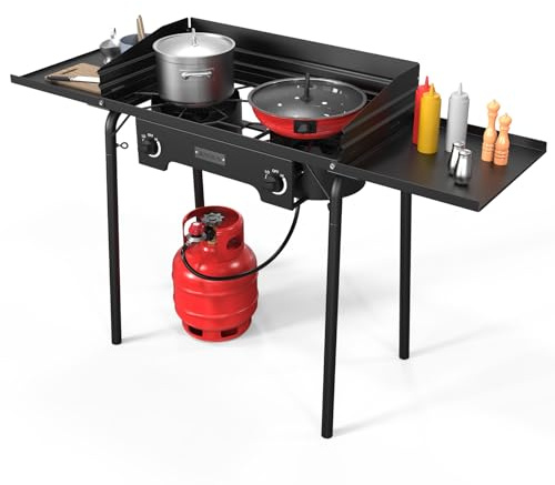 ROVSUN 2 Burner Outdoor Camping Stove with Wind Panel & Shelves, Heavy Sturdy Propane Burner, Gas Cooker with Detachable Legs & CSA Regulator for Home Camp Paito Cooking Frying Canning
