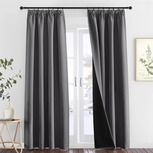 PONY DANCE 100% Blackout Pencil Pleat Curtains - Double Layers, Short Grey Thermal Insulated Curtains & Drapes for Bedroom/Kitchen, 2x W55 X L102
