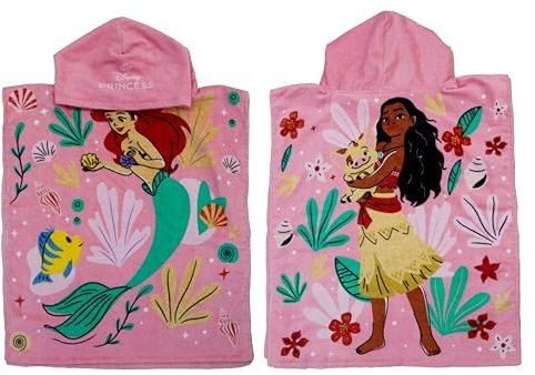 Disney Princess Official Hooded Towel Poncho, Super Soft Feel, Ariel and Moana Princess Duo Girls Design | Kids Swimming Changing Robe Perfect The Home, Bath & Beach, Pink, 100% Cotton