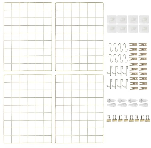CIKLCIX Wire Wall Grid Panel Set of 4, Photo Display Board & Memo Board | 17.3×11.8 Gold Metal Hanging Picture Organizer for Photos, Notes and Wall Decor in Home, Office or Dorm