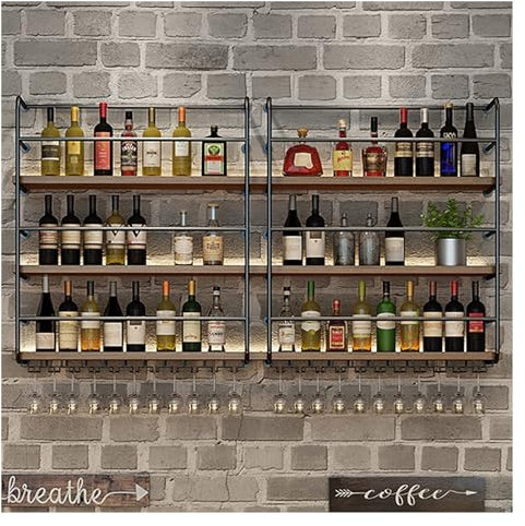 Mensole da parete con luce LED e portabicchieri da vino, mensole galleggianti a 3 livelli per bar, mensole per liquori, mensole da parete, mobiletto per liquori, mensola per esposizione bottiglie,
