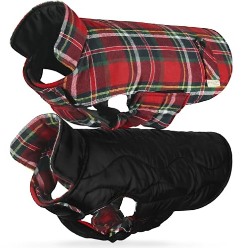 VIVAGLORY Softjoy Dog Coat, Coat & Jacket for Dog Winter & Christmas, Jacket with Harness Hole, Reversible Plaid Checkered Warm Fluffy Heavy Duty, M, Red