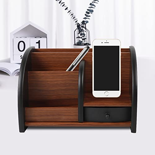 JDBDU Holz Fernbedienung Halterung Schreibtisch Organizer Aufbewahrungsbox 5 Fächer mit Schublade, Holz Schreibwaren Stifthalter Büro Supply Organizer für Stifte, Haftnotiz, Hefter