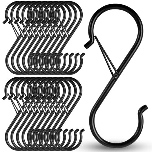 S-Haken im 20er-Set, 9cm S Haken Edelstahl Sicherheitsschnalle Design S haken zum Einhängen S-Förmige Haken Schwerlast Metall Haken, für Küche Werkstatt Badezimmer Garten (Schwarz)