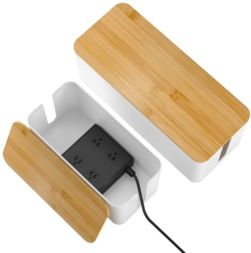 YECAYE 2 Pack Cable Management Box, Wooden Lid & Plastic Body, Medium and Small Cord Organizer Box – Power Strip Cord Organizer, Cable Hider for Home & Office– Baby Proofing