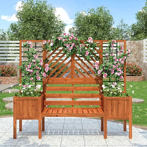 Jaxenor Växtlåda med spaljé, blomlåda med spaljé för trädgård och terrass, planteringskruka med spaljé och säte, massivt trä gran, mörkbrun