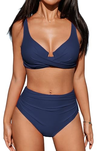 CUPSHE Ensemble de bikini pour femme taille haute avec armatures et bretelles réglables - Bas froncé - Couverture complète - Maillot de bain deux pièces, bleu marine, XL