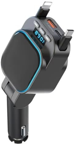 Knoruley Émetteur Bluetooth 5.3 FM pour la Voiture avec 96W PD Type-C + QC3.0 Charge et Câbles Double Rétractables