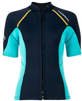 Winying Costume da bagno da donna, UV, a maniche corte, in neoprene, 1,5 mm, con cerniera frontale, per nuoto e sport acquatici, blu navy, L
