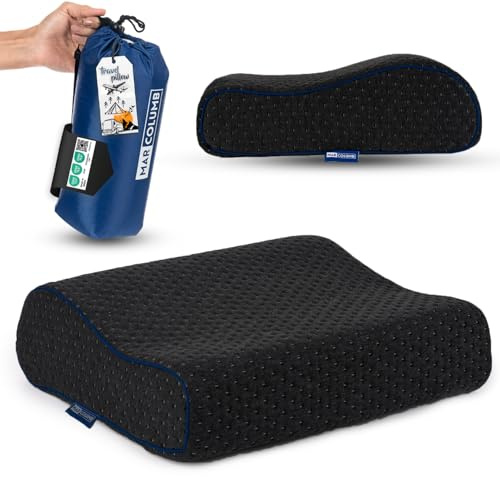 Marcolumb Cuscino da viaggio – Supporto ergonomico per il collo da campeggio in memory foam con federa termoregolante – Borsa da viaggio impermeabile inclusa