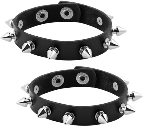 2 bracciali con borchie nere punk rock, in pelle gotica, da uomo e da donna, in stile punk, con borchie in metallo gotico, per Halloween, per feste in costume, concerti