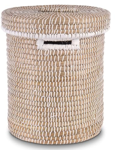 Decorasian Cesto portabiancheria con coperchio in erba marina – Cesto portabiancheria intrecciato rotondo e grande – Set da 3 o singolo – Cestino boho per biancheria, giocattoli e coperte, sostenibile