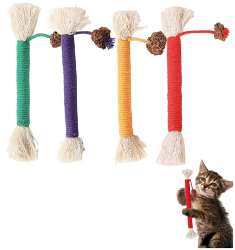 Yabgkgagnan Confezione da 4 giocattoli da masticare per gatti, in corda di cotone naturale, bastoncini di erba gatta per la pulizia dei denti, per la dentizione del gattino, sollievo dallo stress
