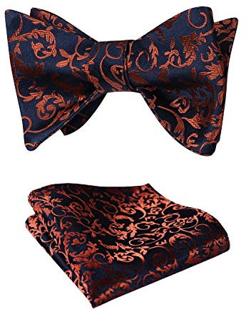HISDERN Fliege Herren Orange/Marineblau Klassische Paisley Fliege mit Einstecktuch Verstellbare Selbst Herrenfliegen für Bräutigam Hochzeit Party