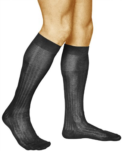 vitsocks Men's Fine Elegant 100% COTTON Knee High Long Socks (2 PAIRS) Ribbed Thin Formal Suit Dress Over-Calf Length, black, 10-12